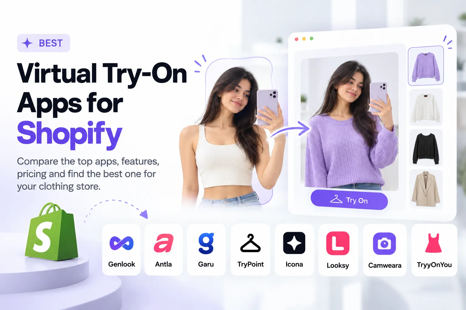 Comparison table of virtual try-on apps for Shopify clothing stores showing free plans and price per try-on